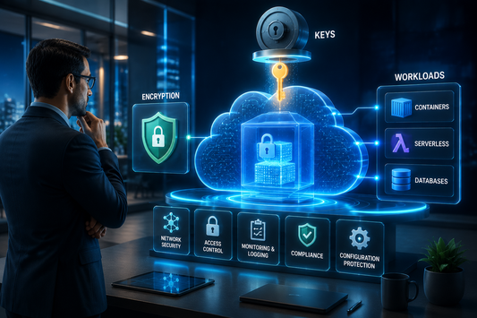 Businessman viewing holographic cloud security dashboard with encryption, keys, and workload icons