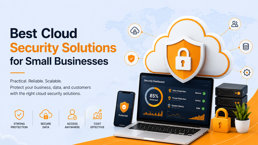 Best Cloud Security Solutions for Small Businesses – cloud security laptop, protected cloud, and data security icons.