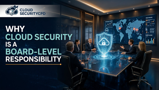 Why Cloud Security Is a Board-Level Responsibility cover with executives, cloud security shield, and cyber risk dashboard.
