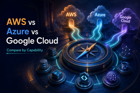 Giant compass with glowing paths leading to AWS, Azure, and Google Cloud gateway portals
