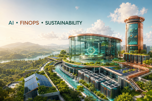 Green sustainable data center with solar panels and holographic AI globe, labeled AI, FinOps, Sustainability