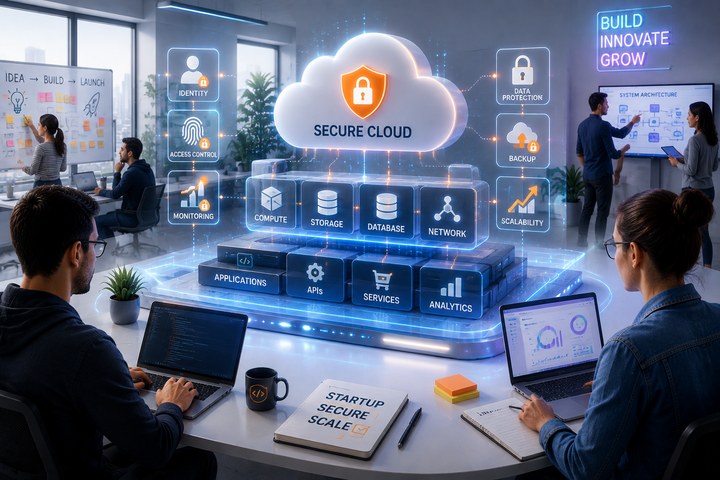 Startup team building on Secure Cloud stack with compute, storage, database, and network layers