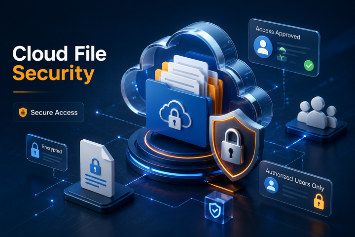 Locked cloud folder protected by shield with encrypted files and access approved for authorized users