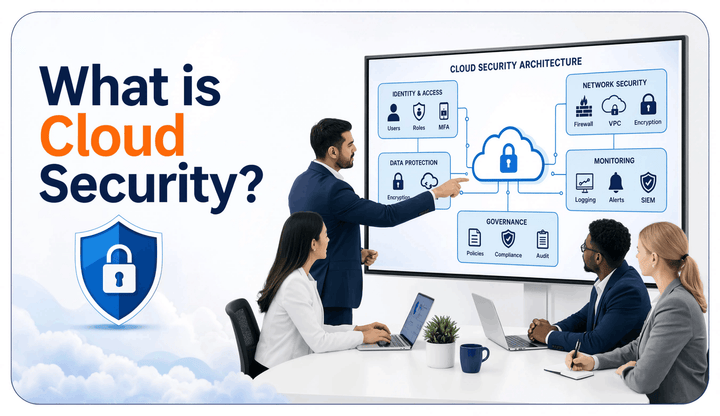 What is cloud security? Business professionals discussing cloud security with a secure cloud infrastructure diagram.