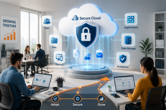 Office team working around a glowing Secure Cloud shield with Adopt, Secure, Grow pathway