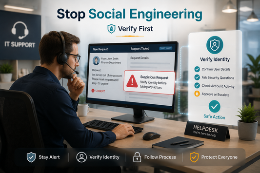 IT support agent reviewing suspicious urgent password reset request flagged for verification