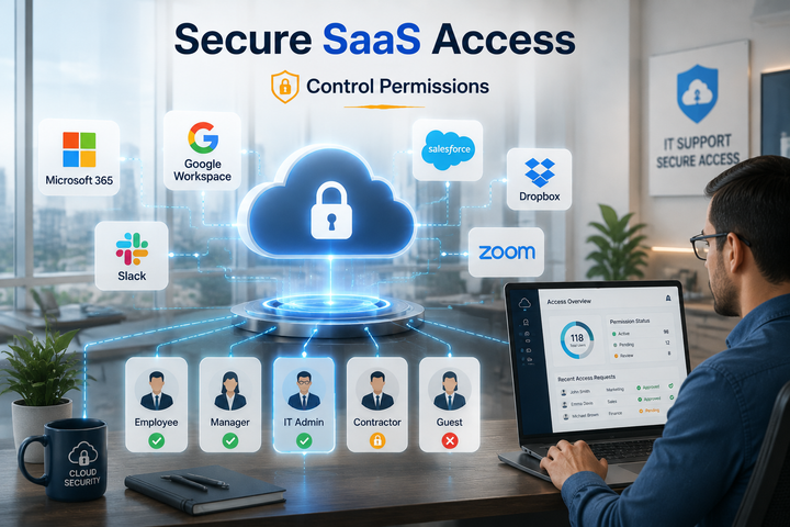 IT admin managing SaaS access permissions for Employee, Manager, Contractor, and Guest roles