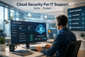IT support agent viewing helpdesk dashboard with cloud security verification and access checks