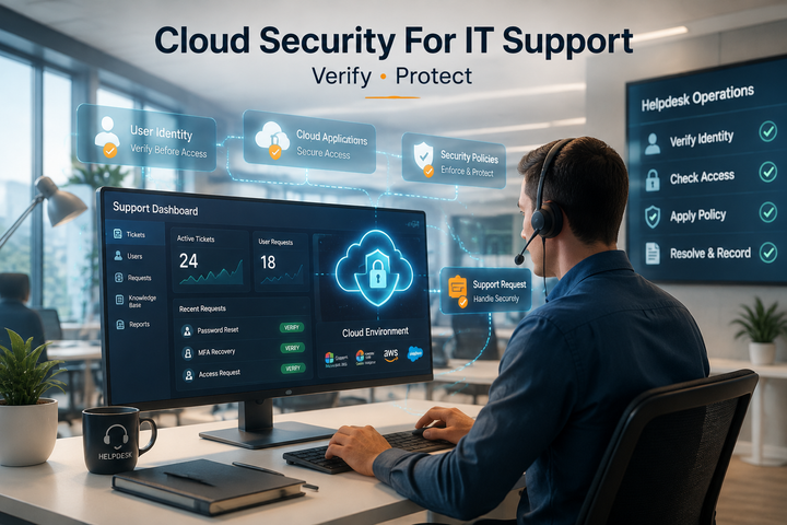 IT support agent viewing helpdesk dashboard with cloud security verification and access checks