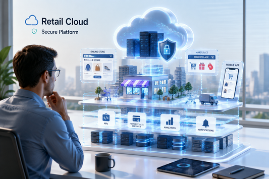 Man viewing holographic retail cloud model with online store, marketplace, and mobile app layers
