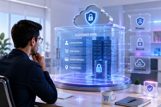 Man viewing secure holographic vault containing customer data with Privacy, Secure, and Protected labels