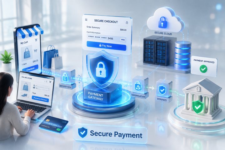 Secure checkout flow from payment gateway through encryption, tokenisation, to bank approval