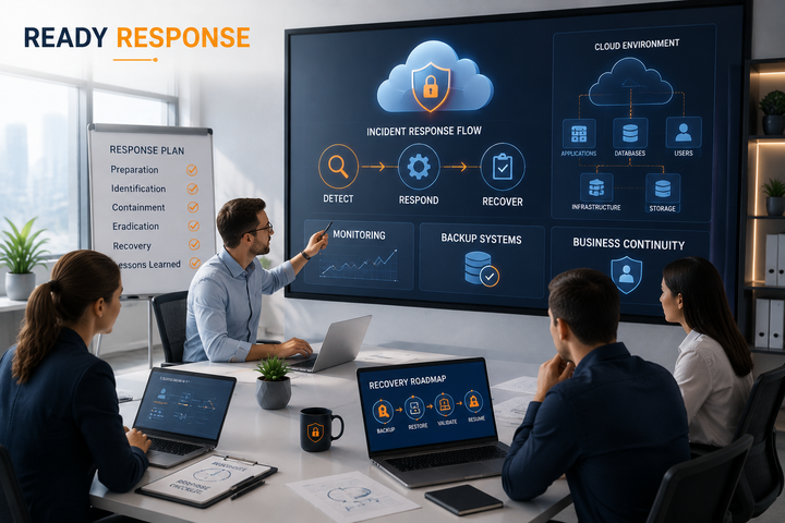 Team presenting incident response flow with Detect, Respond, Recover on screen in meeting room