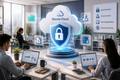 Office workers using laptops around a glowing Secure Cloud shield with data protection icons
