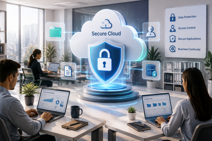Office workers using laptops around a glowing Secure Cloud shield with data protection icons