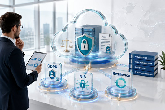 Cloud governance professional reviewing GDPR, NIS compliance, risk management and operational resilience controls.