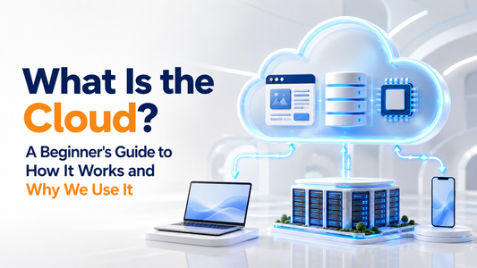 Laptop and phone connected to glowing cloud icon above miniature data center building