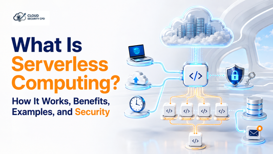 Serverless function icons connecting cloud triggers to security, database, and email outputs