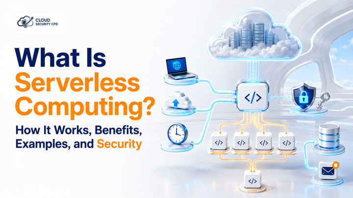 Serverless function icons connecting cloud triggers to security, database, and email outputs