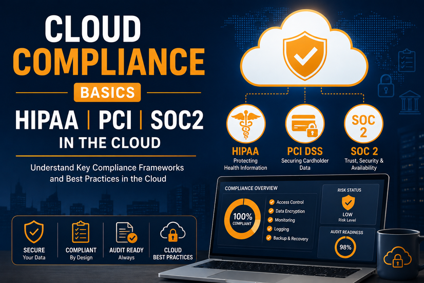 Cloud compliance training image showing HIPAA, PCI DSS, SOC 2, secure cloud compliance dashboard, and audit readiness.