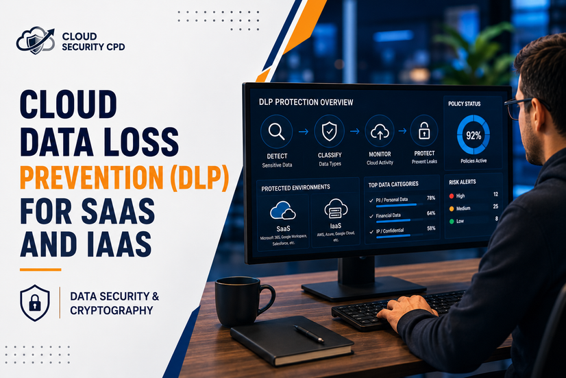 Cloud Data Loss Prevention (DLP) for SaaS and IaaS course cover featuring a cybersecurity professional monitoring a DLP dashboard with data classification, cloud activity monitoring, sensitive data protection, policy compliance, and cloud security analytics.