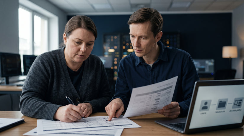 A woman and a man are sitting at a desk together, and they are both writing and working on some paperwork and on the man's laptop.