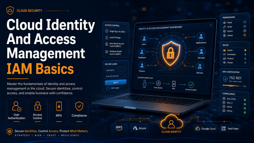 Cloud IAM basics training image with identity access dashboard, secure login, MFA verification, roles, permissions, and compliance indicators.