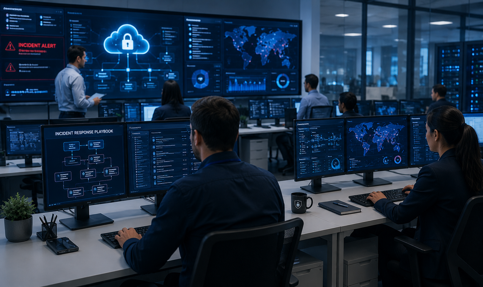 SOC team reviewing a cloud incident response playbook with security alerts, cloud infrastructure, and threat monitoring dashboards.