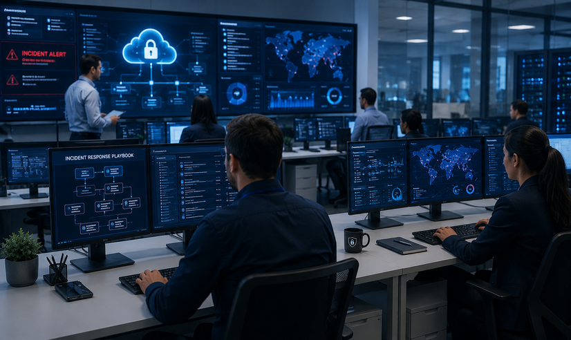 SOC team reviewing a cloud incident response playbook with security alerts, cloud infrastructure, and threat monitoring dashboards.