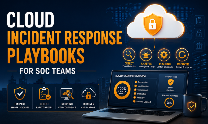 Course cover for 'Cloud Incident Response Playbooks for SOC Teams' featuring a secure cloud with a shield icon, incident response workflow (Detect, Analyze, Respond, Recover), cybersecurity dashboard on a laptop, and security-themed icons. The design uses a dark blue background with orange accents, representing cloud security, SOC operations, and incident response best practices.