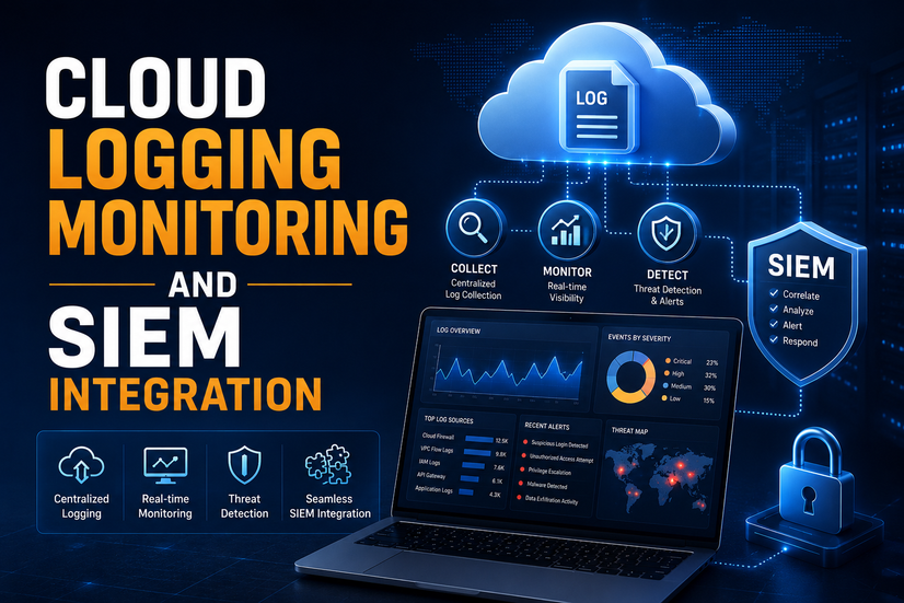 Promotional graphic for cloud logging and monitoring integration with SIEM, featuring a laptop showing analytics dashboards, a glowing cloud labeled 'LOG', and UI callouts for centralized logging, real-time monitoring, threat detection, and seamless SIEM integration on a dark blue tech background.