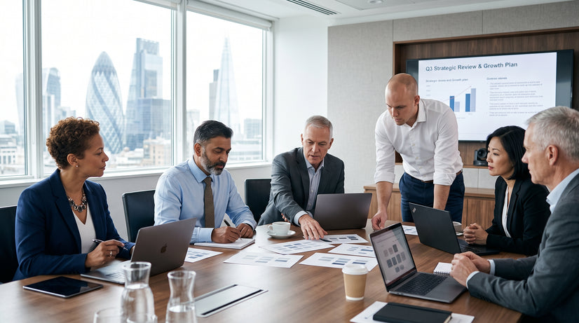 Business leaders reviewing cloud security risks in an executive meeting room, with printed risk assessments and cloud architecture diagrams during a late-morning decision-making discussion.