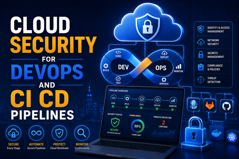 Cloud Security for DevOps and CI/CD Pipelines online course cover featuring DevSecOps, secure CI/CD workflows, cloud security automation, vulnerability management, compliance monitoring, threat detection, and continuous security for modern cloud applications.