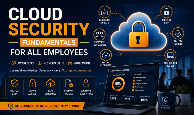 Cloud Security Fundamentals for All Employees feature image showing a secure cloud with a padlock connected to cybersecurity awareness icons, including threat recognition, data protection, secure cloud use, policy compliance, and safe device usage. A security dashboard displayed on a laptop highlights organizational security metrics, emphasizing employee cybersecurity awareness, cloud security best practices, and workplace data protection.