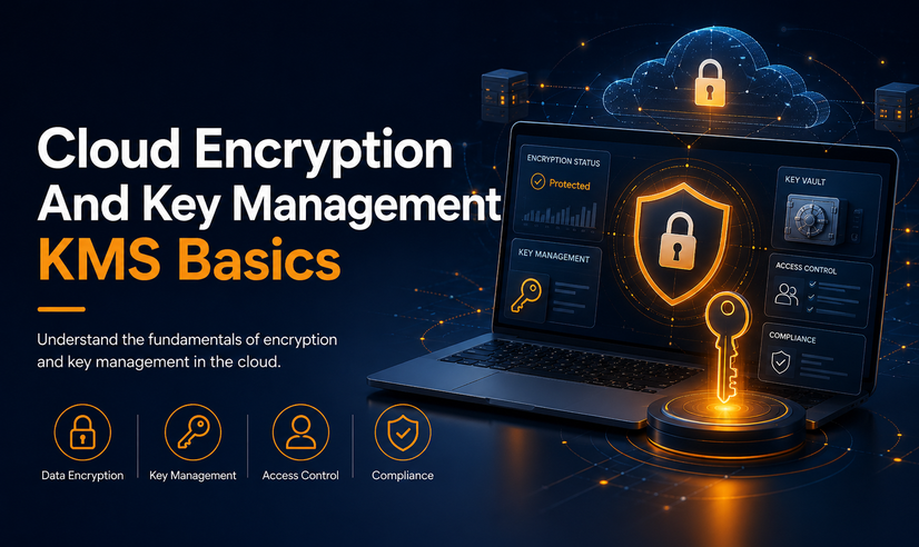 Cloud encryption and key management KMS basics course cover showing a secured cloud, laptop dashboard, shield lock, digital key, access control, and compliance icons.