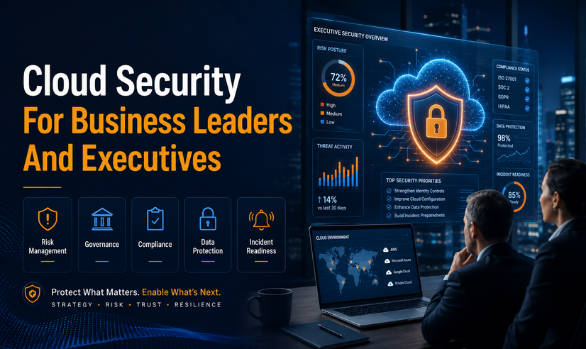 Business leaders reviewing a cloud security dashboard with risk, compliance, data protection, and incident readiness indicators.