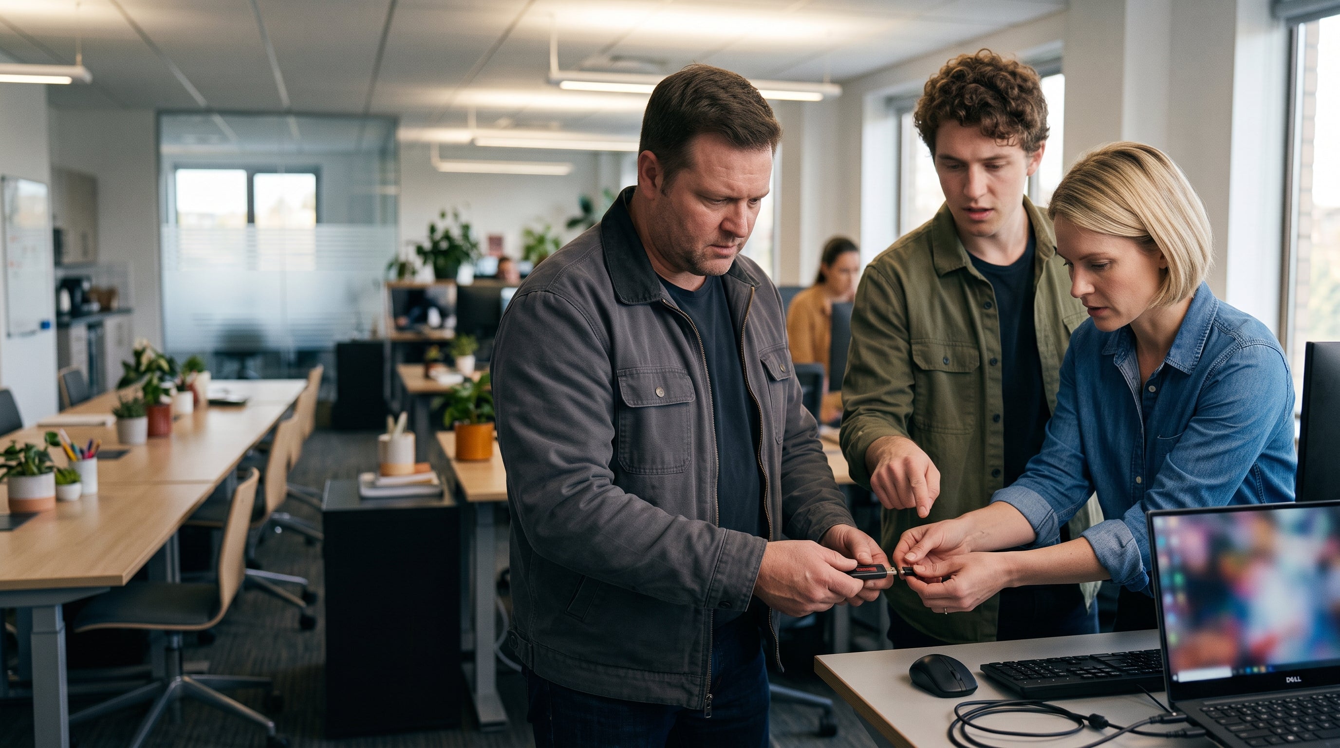 Office workers unplugging an unknown USB device from a laptop during a workplace cybersecurity incident.