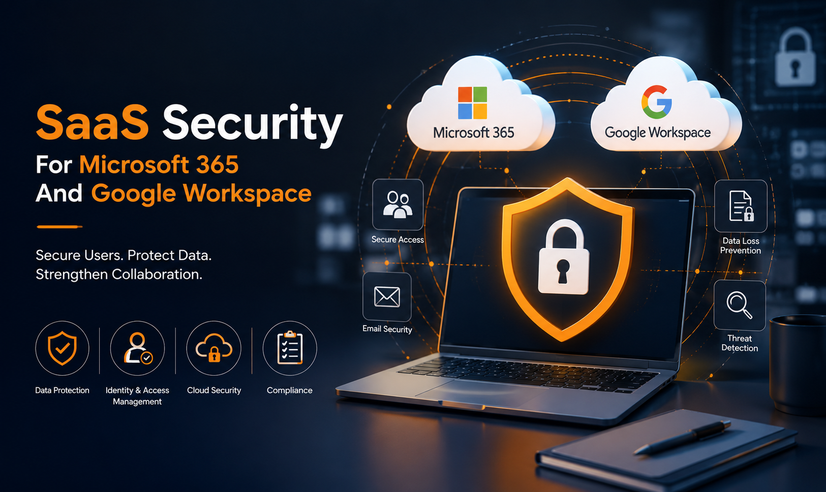 SaaS security course cover showing Microsoft 365 and Google Workspace cloud apps protected by a shield, with data protection, identity access, cloud security, and compliance icons.