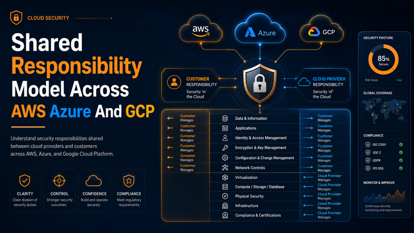 Shared responsibility model training image for AWS, Azure, and GCP showing customer and cloud provider security responsibilities.