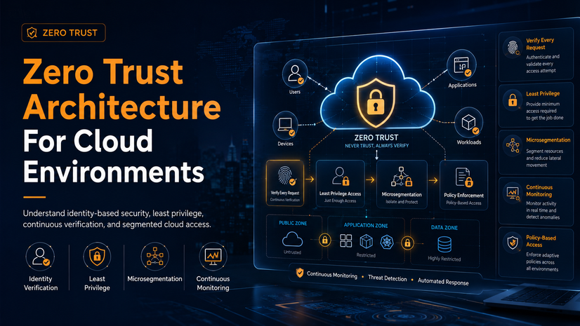 Zero trust cloud security training image with identity verification, least privilege, microsegmentation, and continuous monitoring.